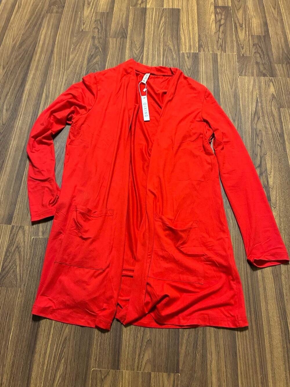 QIXING Women's Open Front Long Sleeve Cardigan with Pockets Red Size L